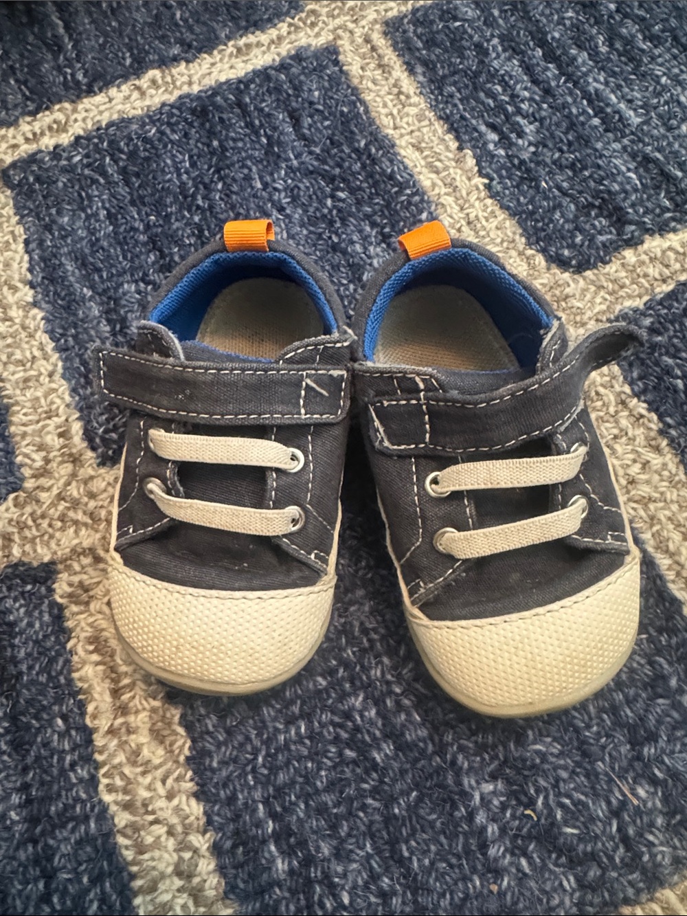 See Kai Run Navy and Beige Toddler Canvas Sneakers with Orange Pull Tabs